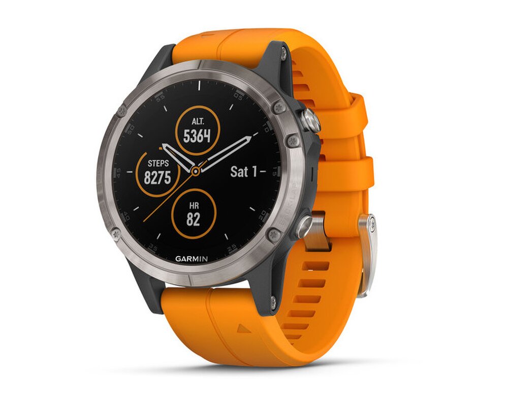 garmin fenix 5 plus sapphire titanium with solar flare orange band